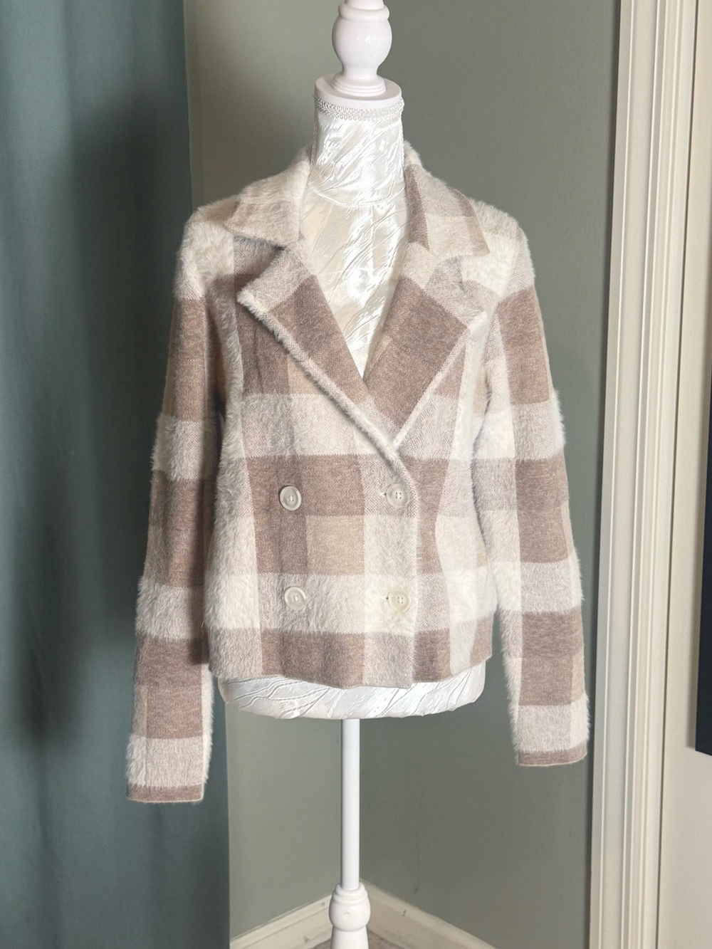 Rachel Zoe Cream & Beige Plaid Double-Breasted Blazer